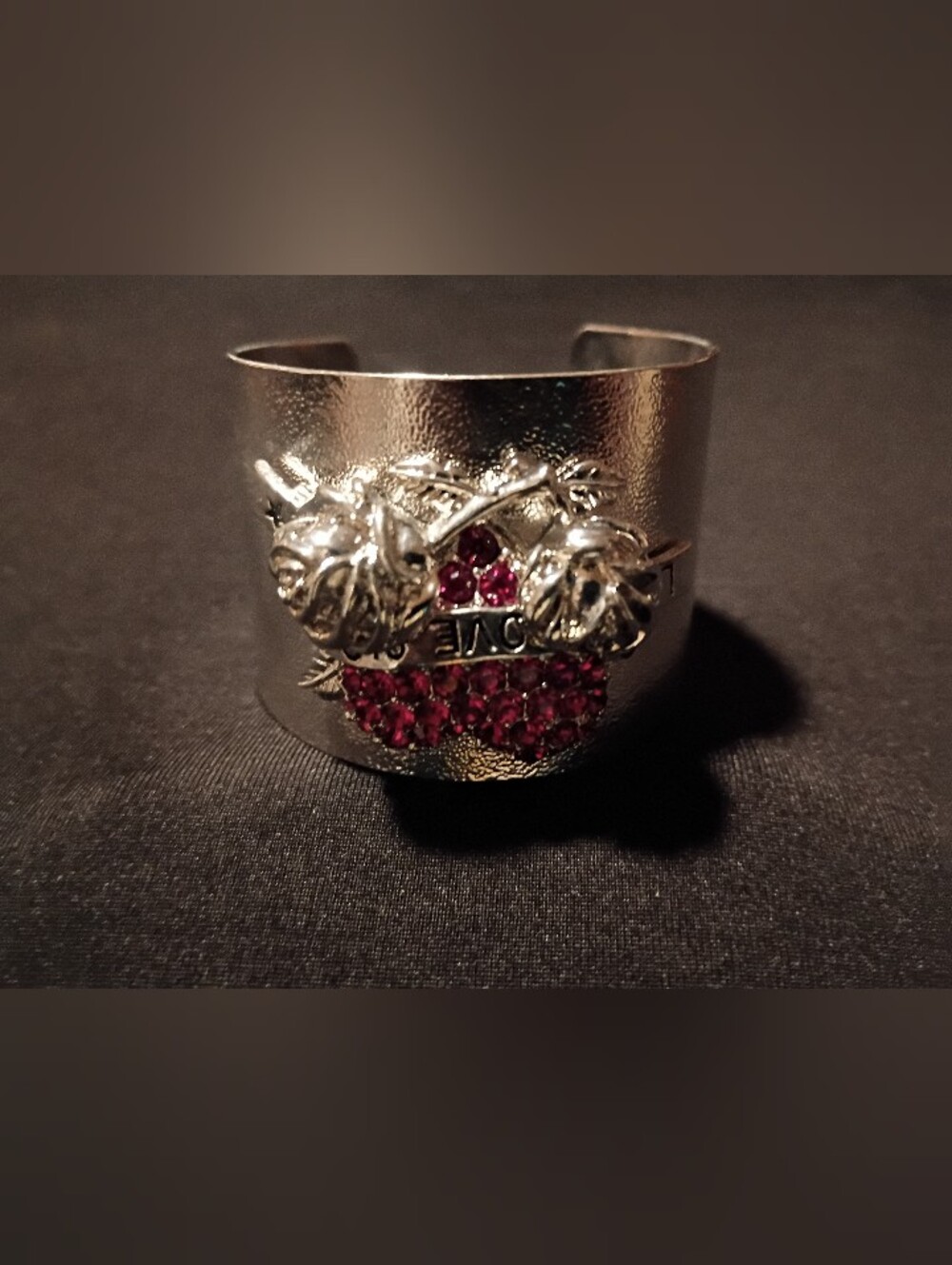 Silver-tone Metal Cuff Bracelet With Red Rhinestones, Rose Motif.